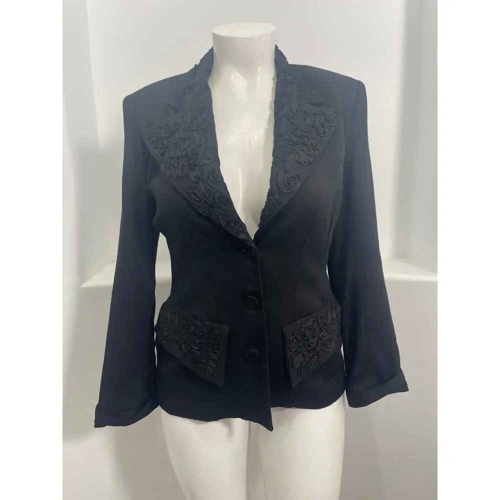 OREA Vintage Women Black Wool Blend Blazer With Embroidery Trim Size 3